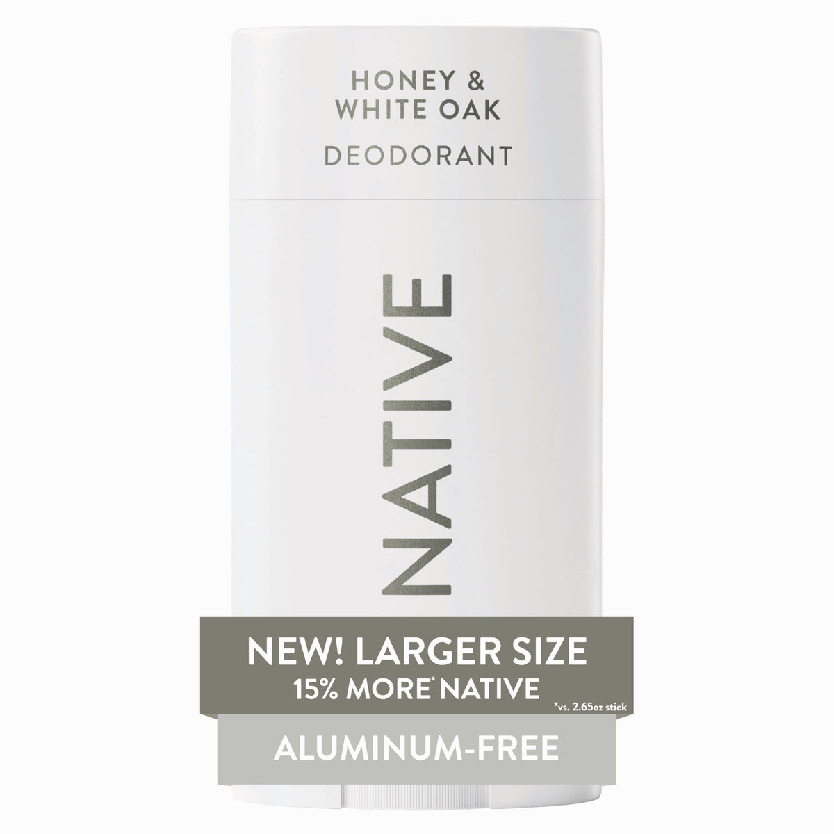 Native front packaging showing Honey & White Oak scent and large 3.1 oz size benefit