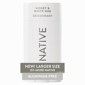Native front packaging showing Honey & White Oak scent and large 3.1 oz size benefit