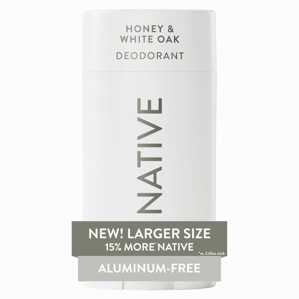 Native front packaging showing Honey & White Oak scent and large 3.1 oz size benefit