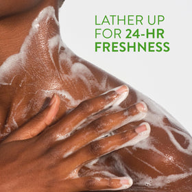 Native in-shower lifestyle shot illustrating refreshing cleanse and scent