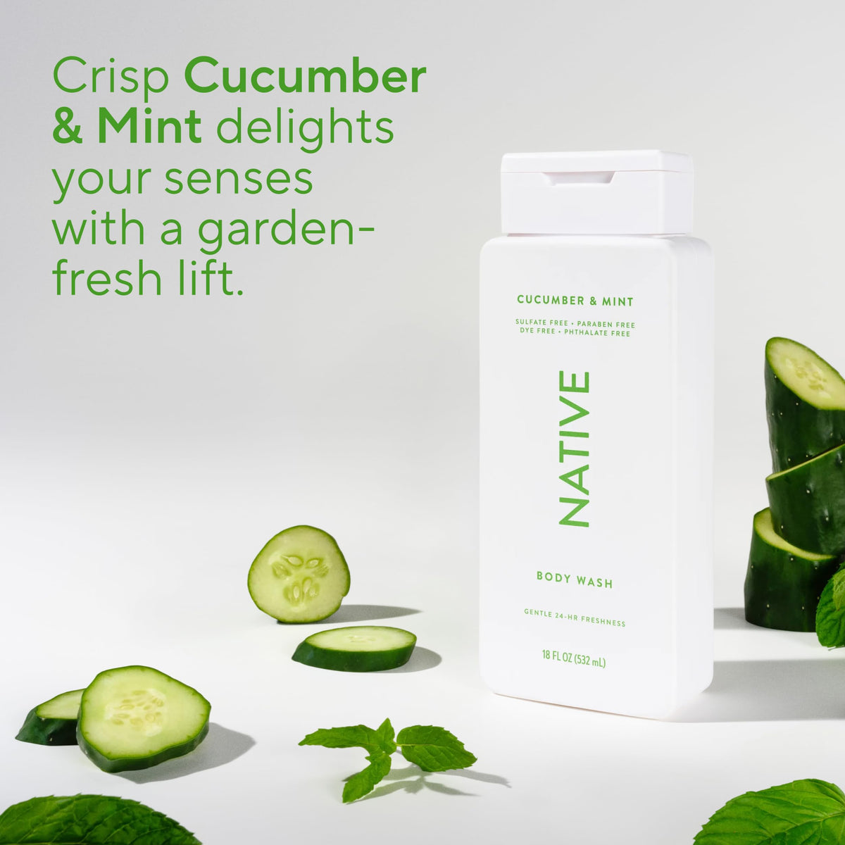 Native ingredient closeup with cucumber and mint highlighting fresh scent