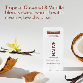 Baking soda ingredient display with Native branding, indicates odor-neutralizing benefit