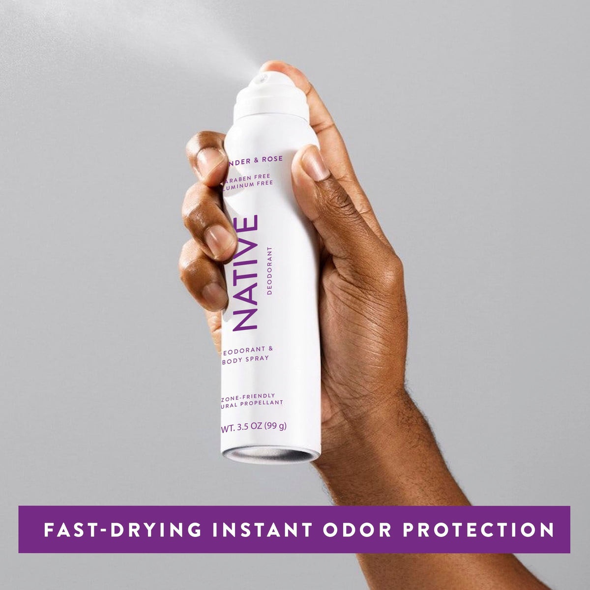 Native mist close-up demonstrating fine spray and quick-dry benefit