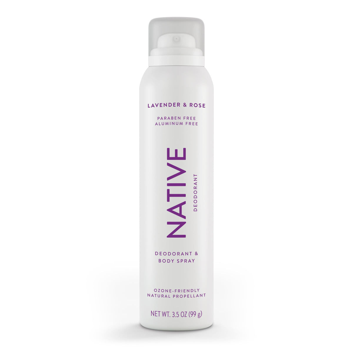 Native front can showing lavender and rose scent, clear packaging benefit