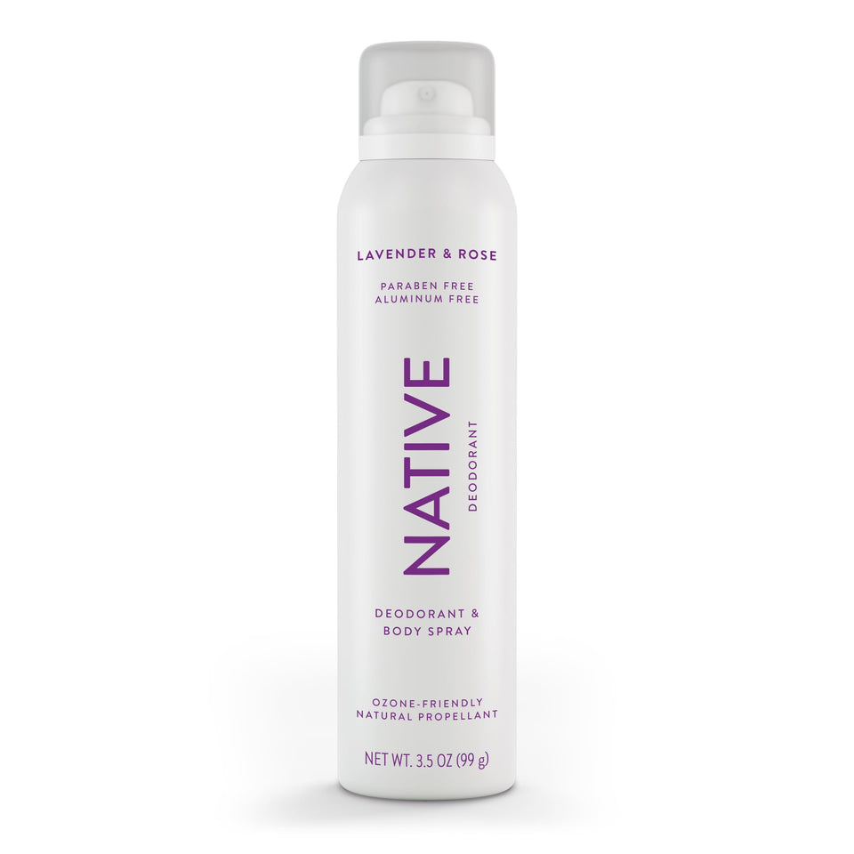 Native front can showing lavender and rose scent, clear packaging benefit