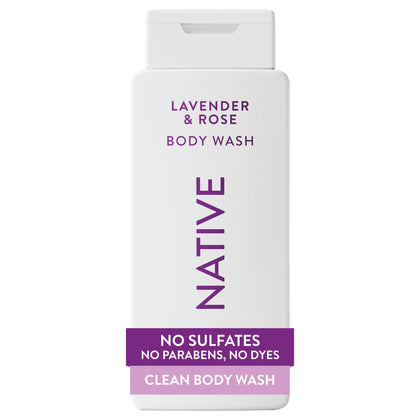 Native front packaging showing 18 oz bottle and Lavender & Rose scent benefits