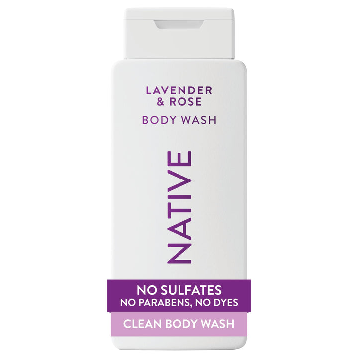 Native front packaging showing 18 oz bottle and Lavender & Rose scent benefits