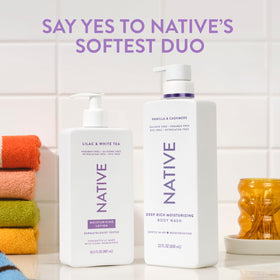 Native bottle on vanity in lifestyle scene conveying light, fresh fragrance