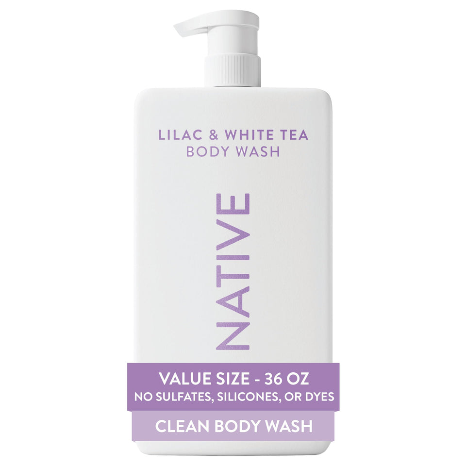 Native front packaging showing 36 oz pump and lilac scent for convenience