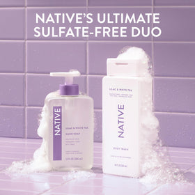 Native bottle on bathroom shelf suggesting daily routine