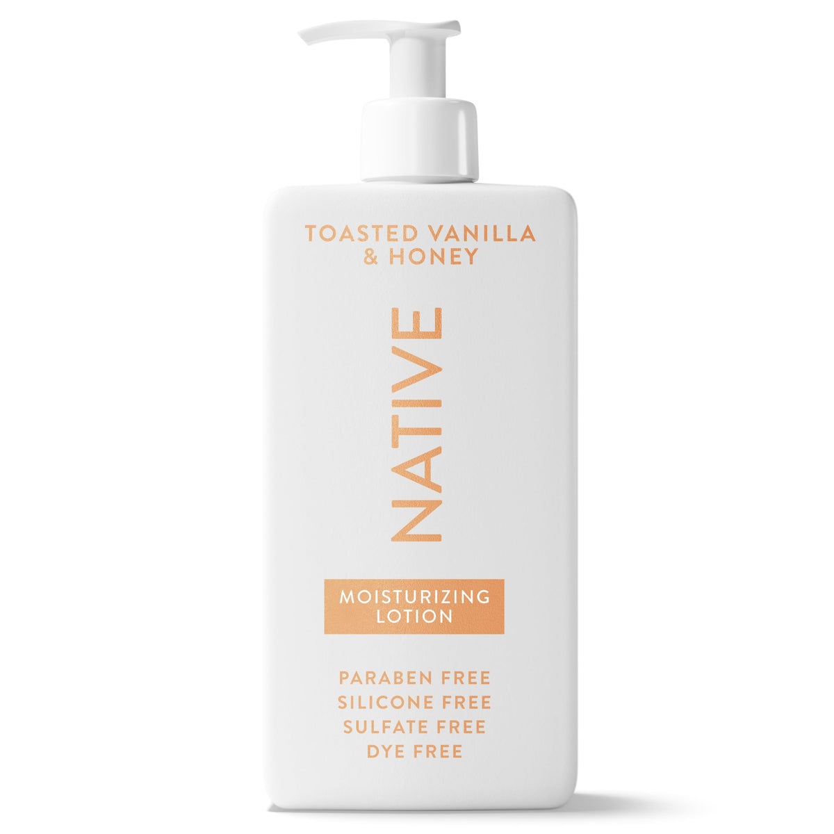 Native front packaging showing pump bottle and Toasted Vanilla & Honey benefit