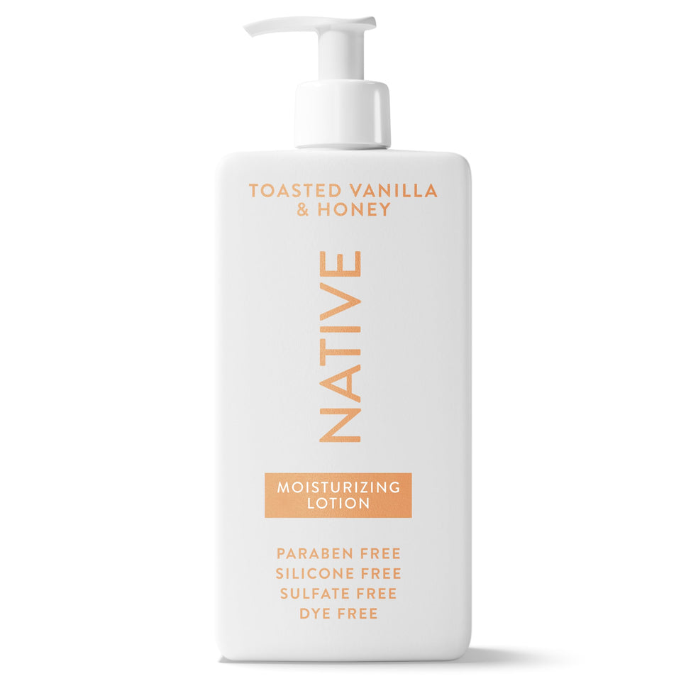Native front packaging showing pump bottle and Toasted Vanilla & Honey benefit