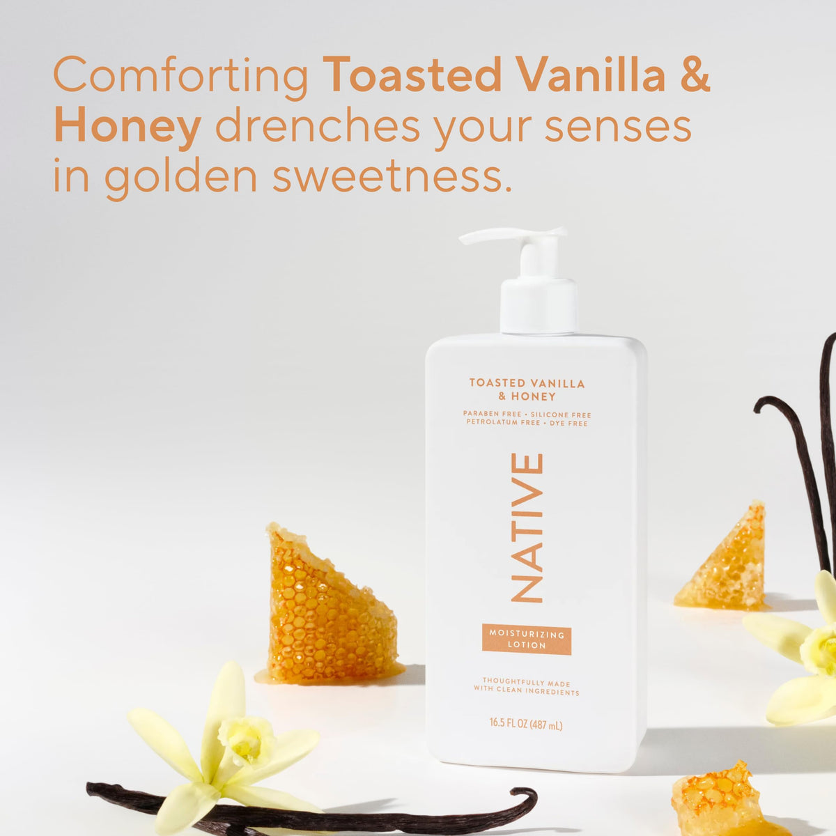 Vanilla and honey ingredients styled with Native bottle evoking warm scent benefit