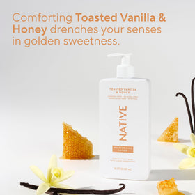 Vanilla and honey ingredients styled with Native bottle evoking warm scent benefit
