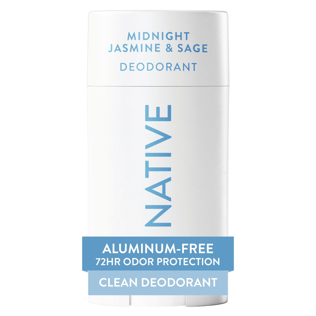 Native front packaging showing midnight jasmine & sage scent and 72-hour benefit