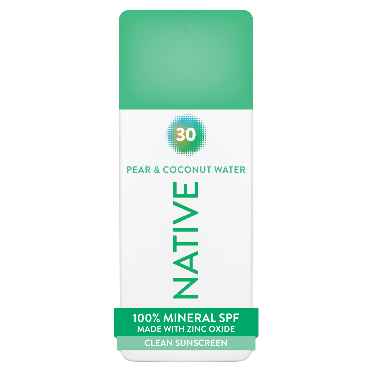 Native front packaging showing SPF 30 and pear coconut scent protecting skin