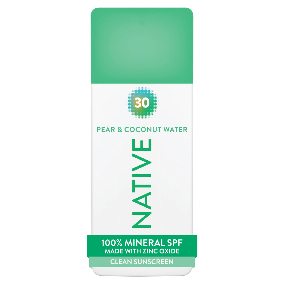 Native front packaging showing SPF 30 and pear coconut scent protecting skin