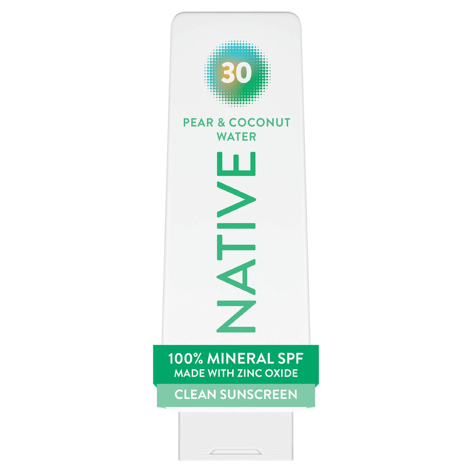 Native sunscreen front packaging showing SPF 30 and scent, clear protection