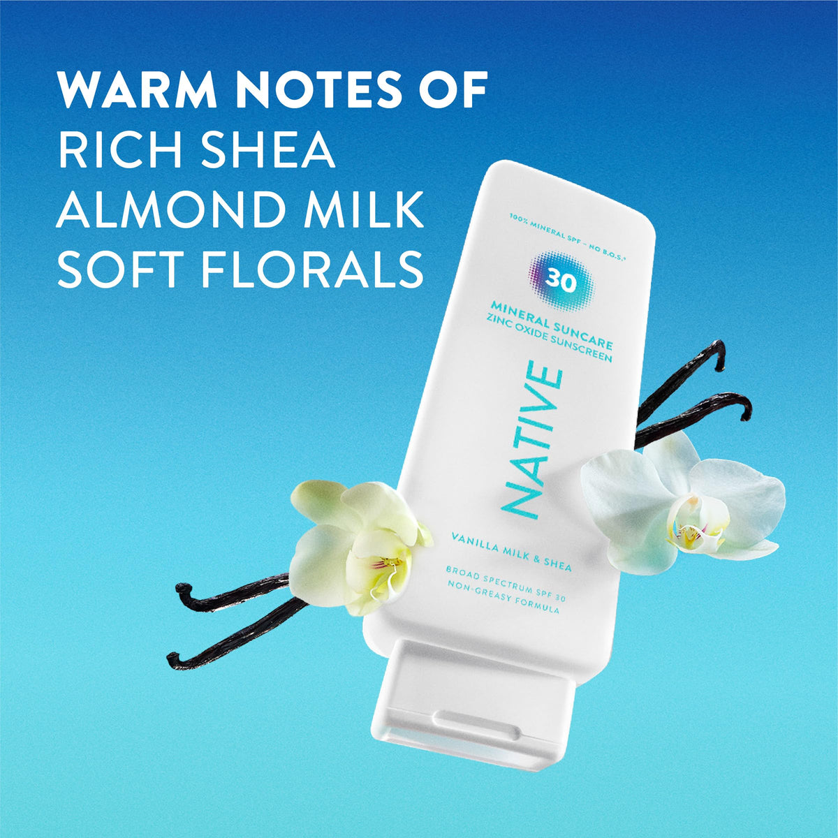 Label detail on Native Vanilla Milk & Shea sunscreen highlighting scent and nourishing ingredients