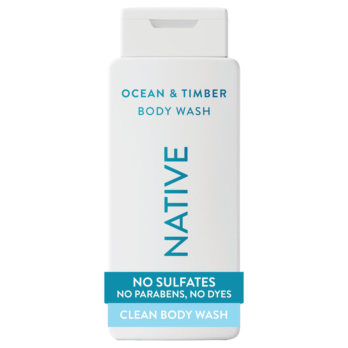 Native front bottle view showing Ocean & Timber scent and clear labeling benefits