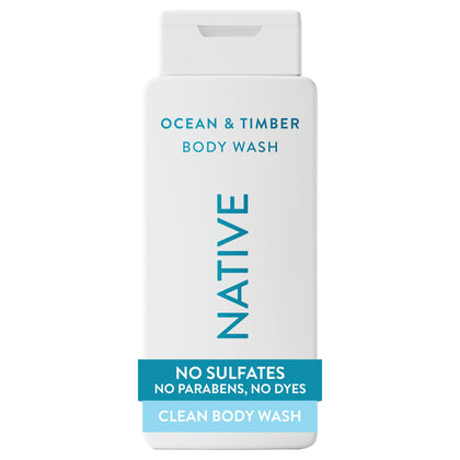Native front bottle view showing Ocean & Timber scent and clear labeling benefits