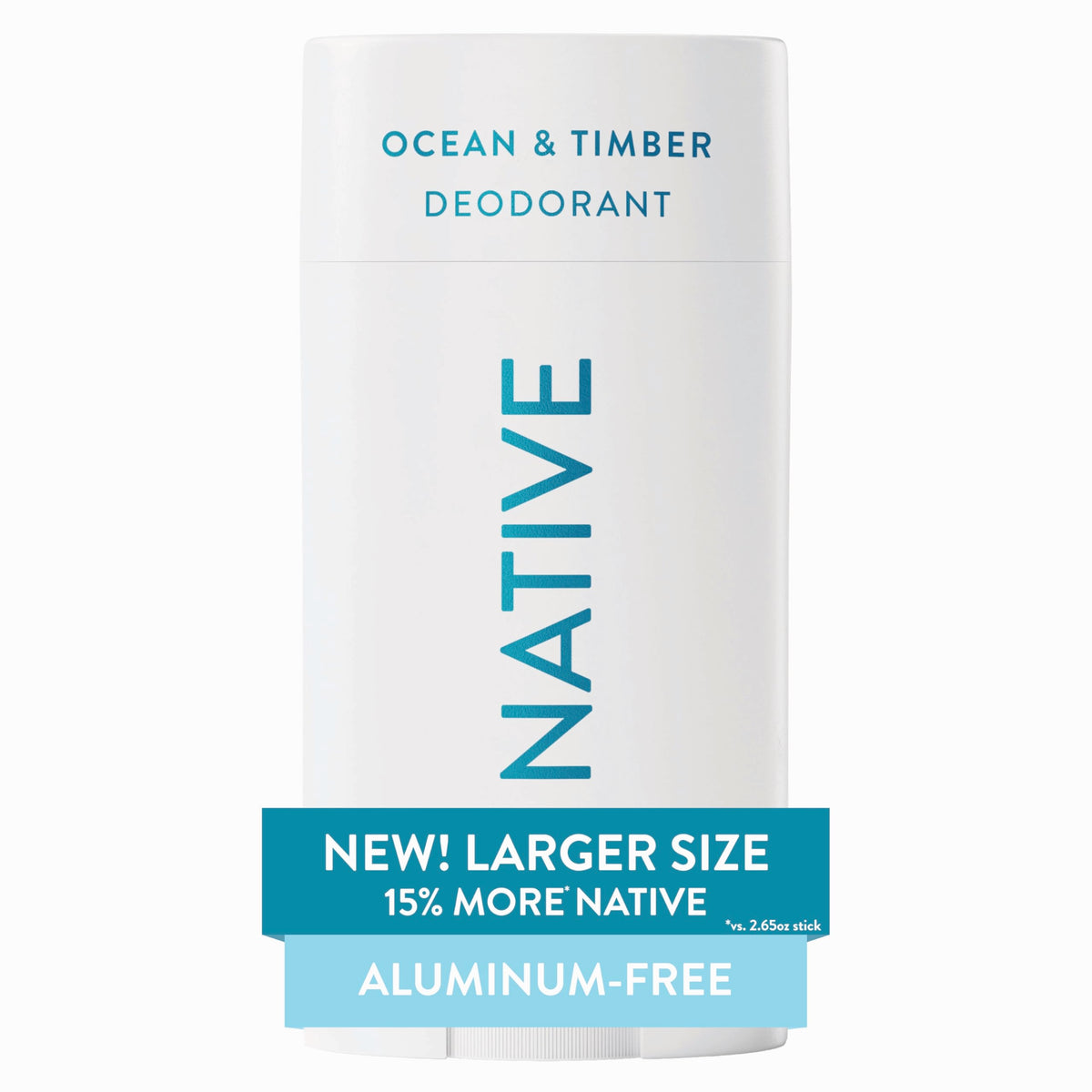 Native front packaging showing Ocean & Timber scent and large size benefit