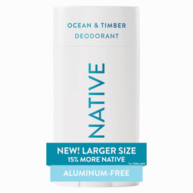 Native front packaging showing Ocean & Timber scent and large size benefit