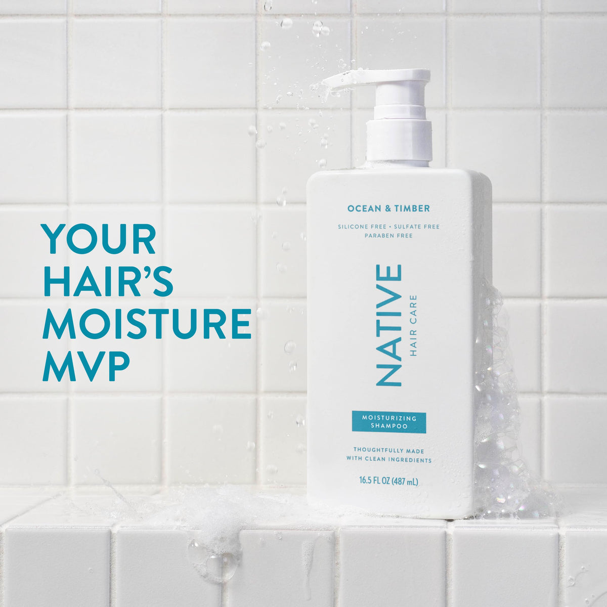 Native close-up of shampoo pump highlighting easy dispensing and control