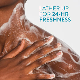 Native body wash poured onto loofah in shower showing easy daily use
