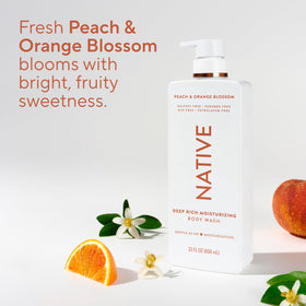 Bathroom shelf styled with Native bottle for a fresh orchard-scented routine