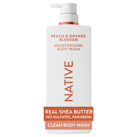 Native front packaging showing bottle and peach scent for hydrating showers