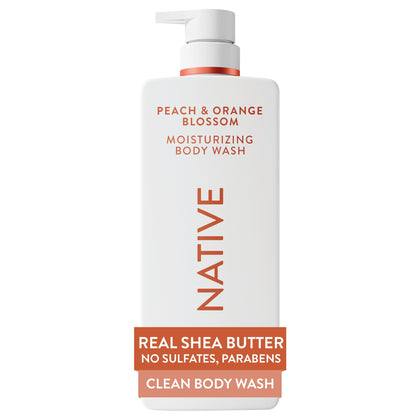 Native front packaging showing bottle and peach scent for hydrating showers