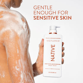 Person using Native in shower illustrating gentle cleanse and silky skin