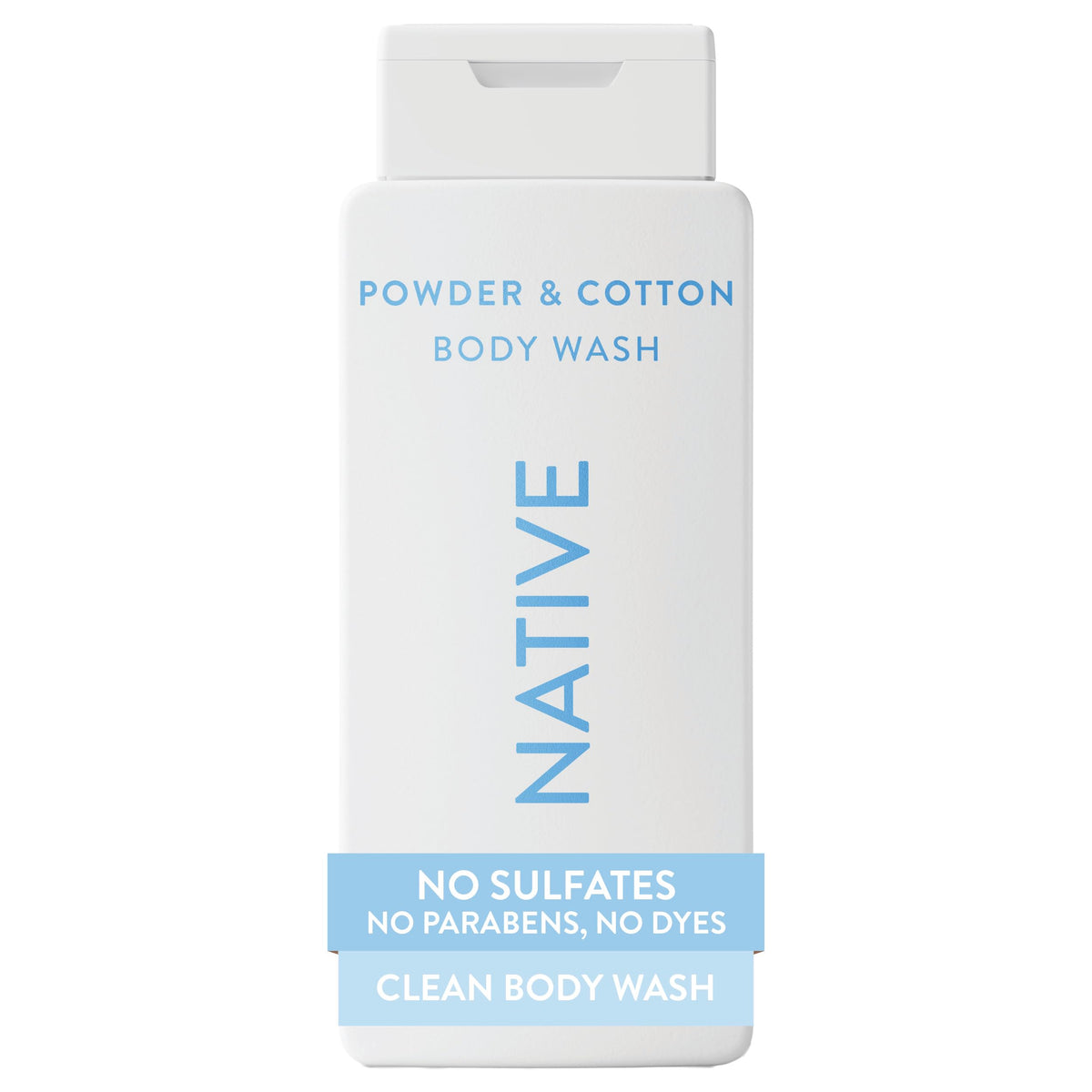 Native bottle front view showing Powder & Cotton scent and clean design benefits