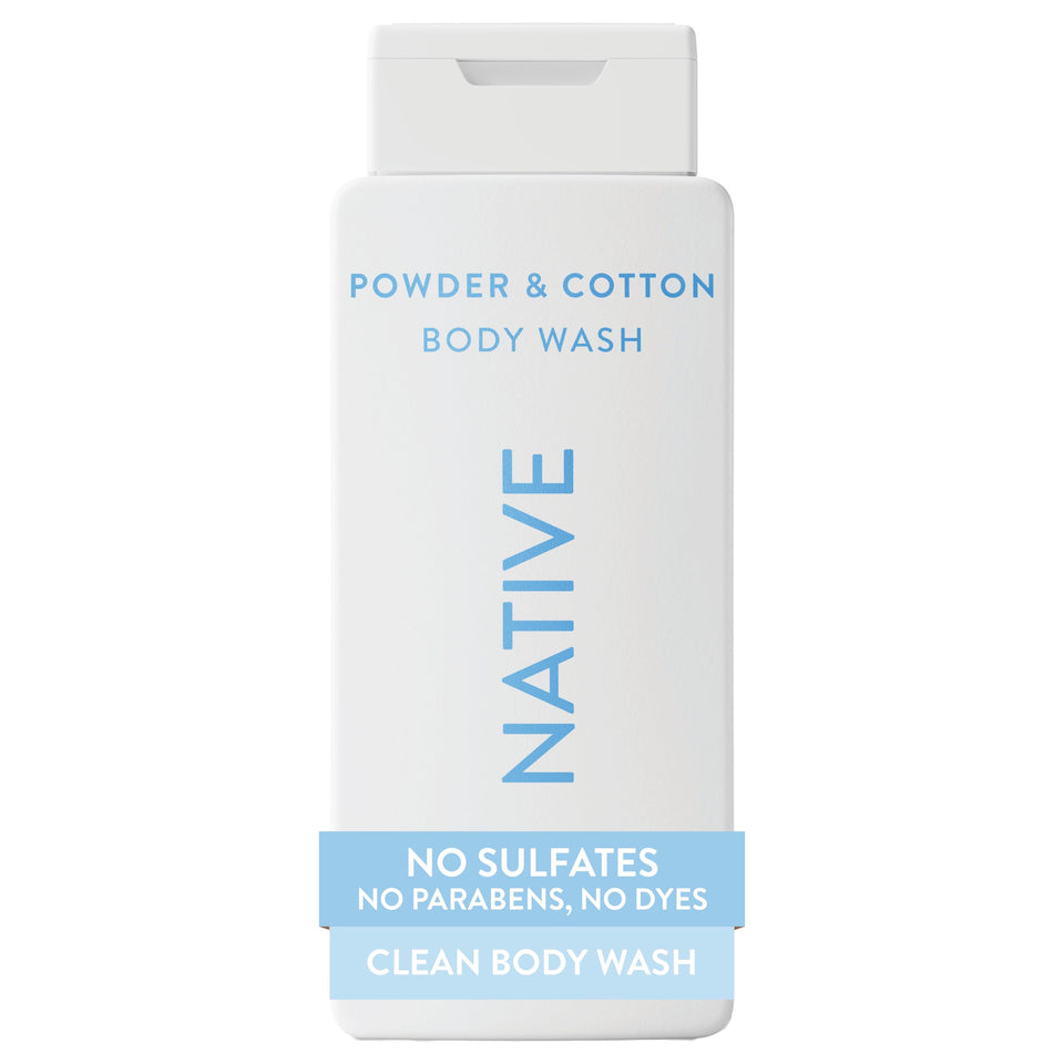 Native bottle front view showing Powder & Cotton scent and clean design benefits