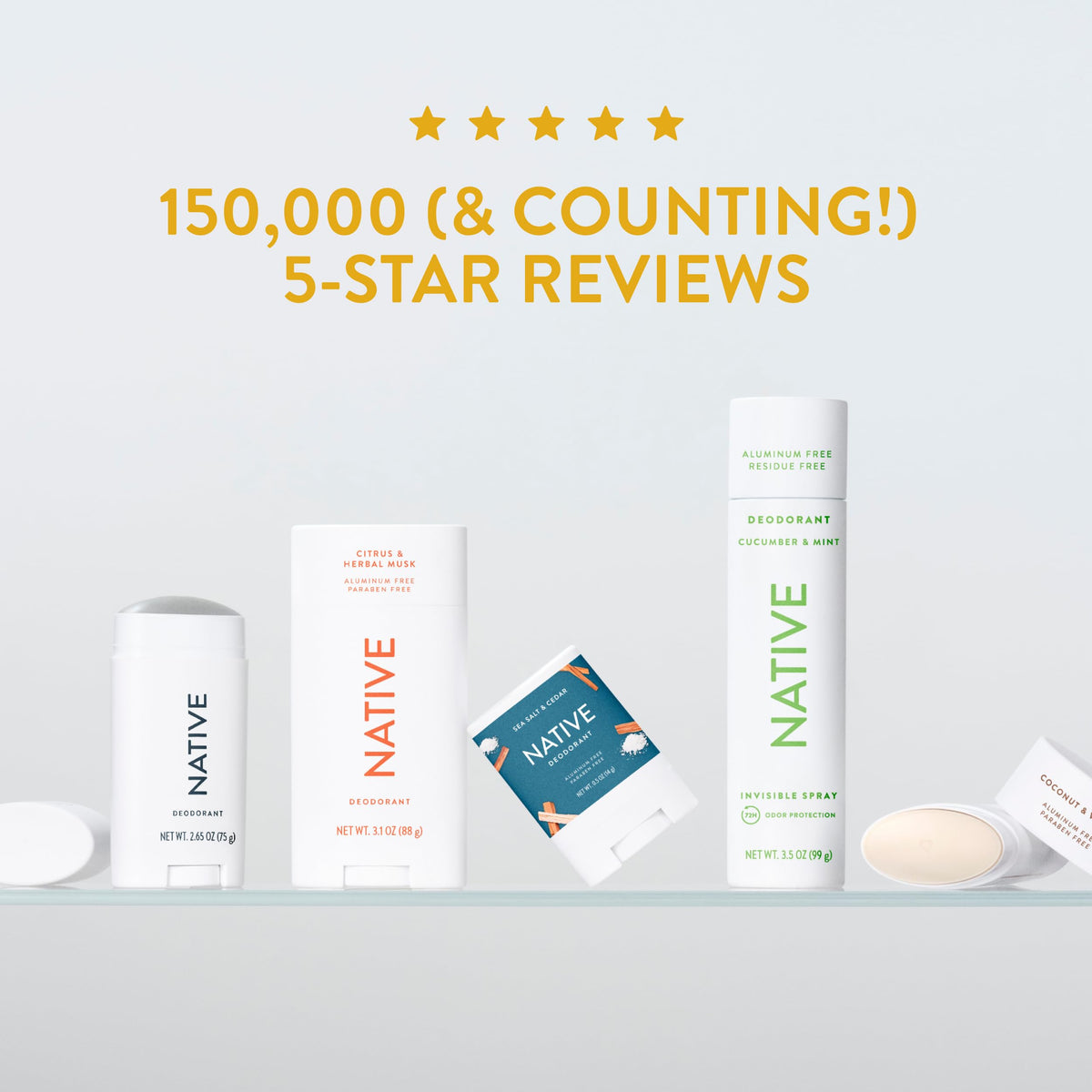 Flatlay of Native deodorant with shea butter and coconut oil, emphasizes gentle ingredients