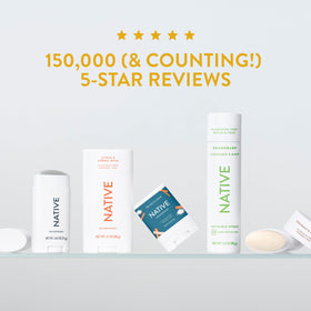 Flatlay of Native deodorant with shea butter and coconut oil, emphasizes gentle ingredients