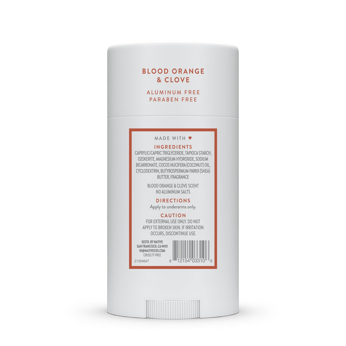 Native label close-up displaying ingredient list and aluminum-free benefit