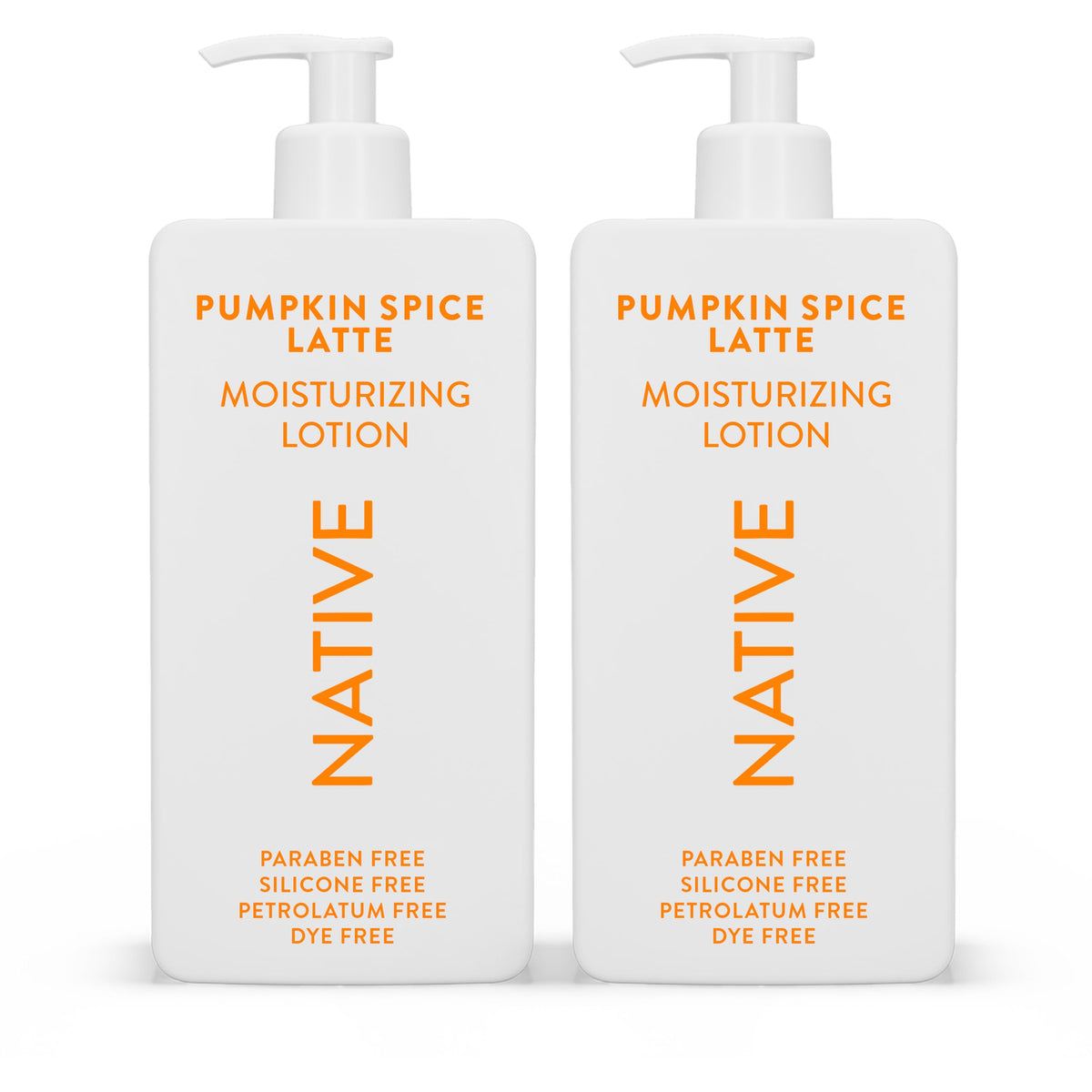 Native front packaging of Pumpkin Spice Latte lotion showing 16.5 oz two-pack, seasonal scent benefit