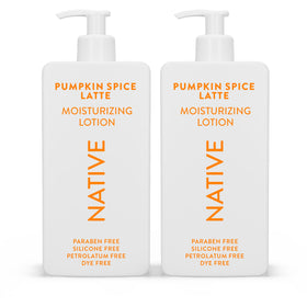 Native front packaging of Pumpkin Spice Latte lotion showing 16.5 oz two-pack, seasonal scent benefit