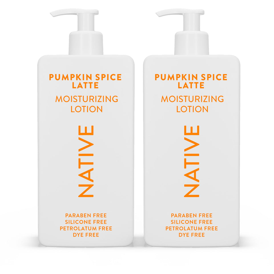 Native front packaging of Pumpkin Spice Latte lotion showing 16.5 oz two-pack, seasonal scent benefit