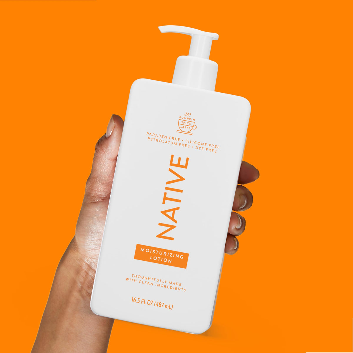 Close-up of Native lotion pump dispensing creamy Pumpkin Spice Latte texture for quick absorption benefit