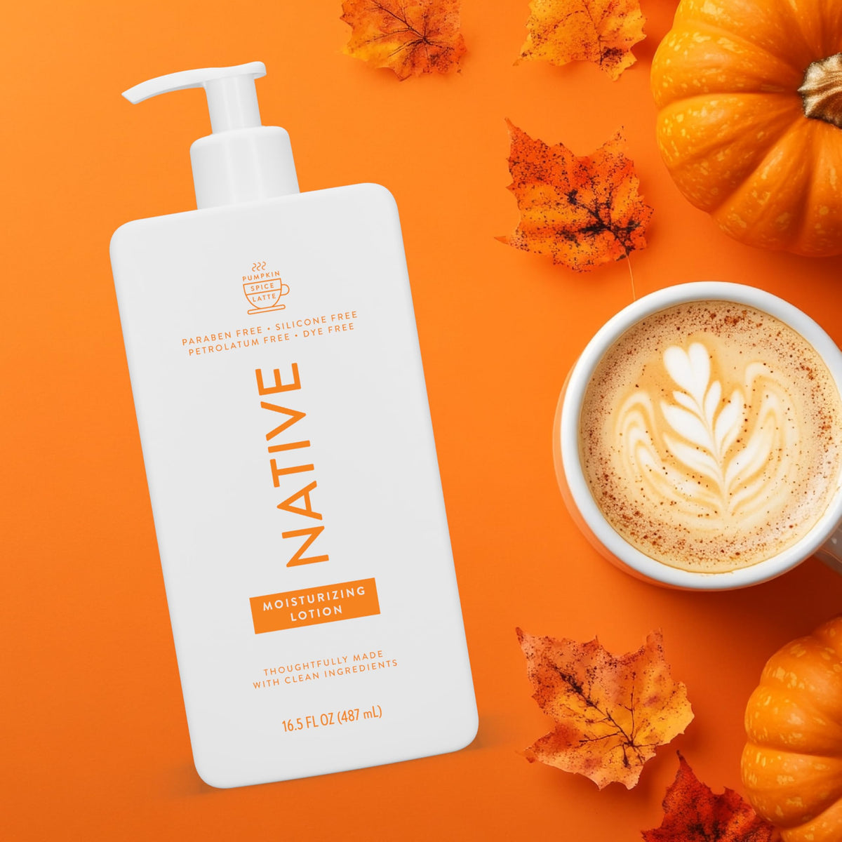 Swatch of Native Pumpkin Spice Latte lotion texture on skin highlighting moisturizing, non-greasy finish benefit