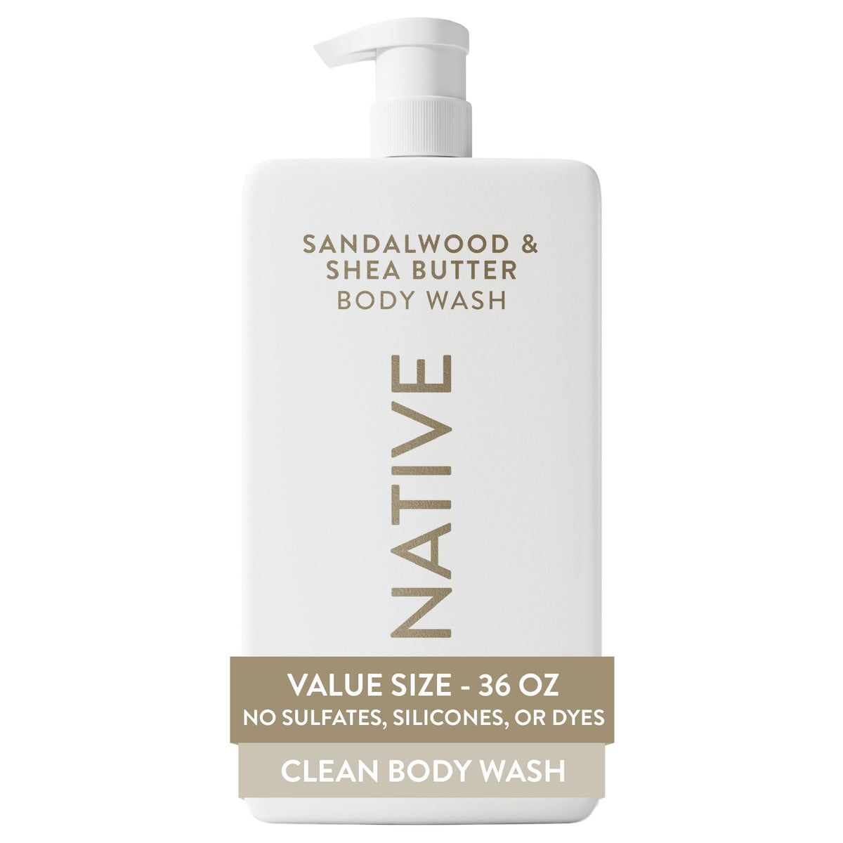 Native front packaging of sandalwood and shea body wash showing large 36 oz bottle and pump