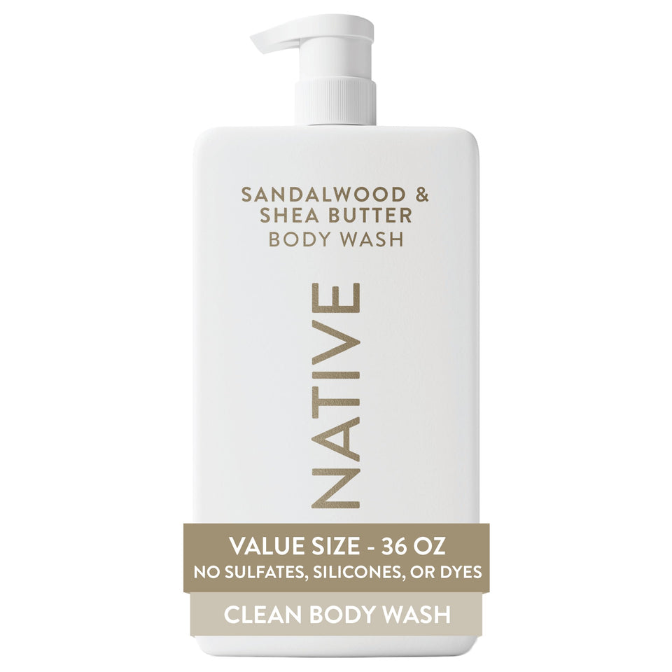 Native front packaging of sandalwood and shea body wash showing large 36 oz bottle and pump