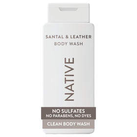Native front bottle showing santal & leather scent and clean ingredients benefit