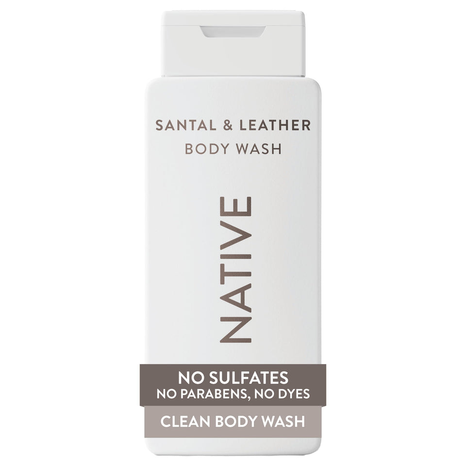 Native front bottle showing santal & leather scent and clean ingredients benefit