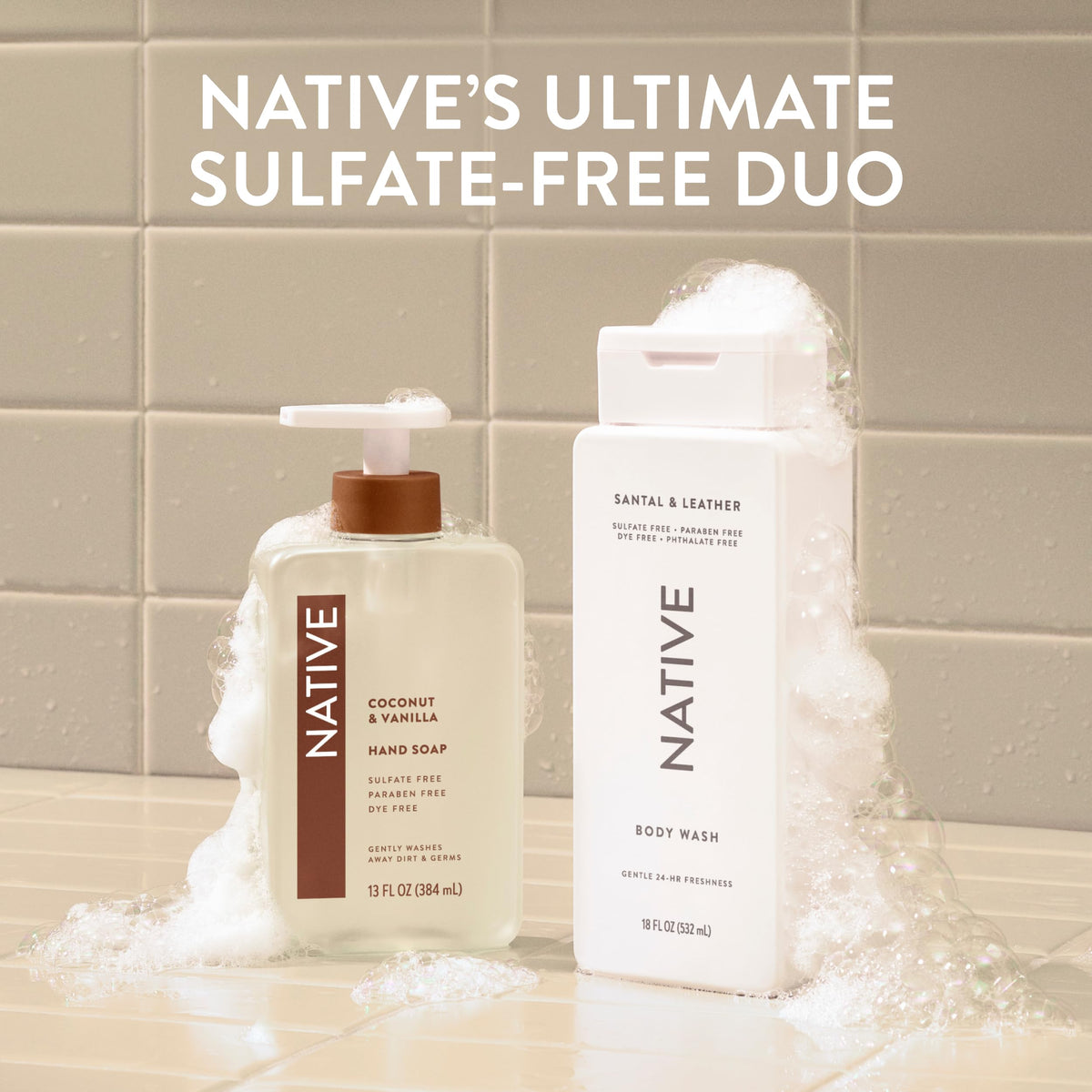 Native bottle styled in bathroom scene conveying premium routine and scent benefit