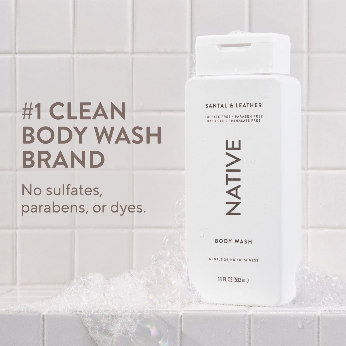 Native pump close-up highlighting easy-dispense and convenient shower use benefit
