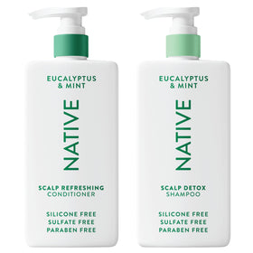Native front packaging showing detox shampoo and conditioner, clean routine benefit